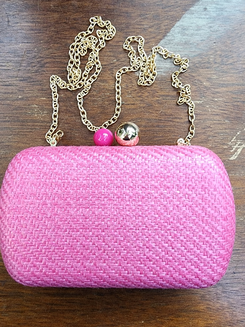 Hot Pink Woven Straw Hard Case Clutch Bag Gold Chain Strap Ball Clasp Kisslock